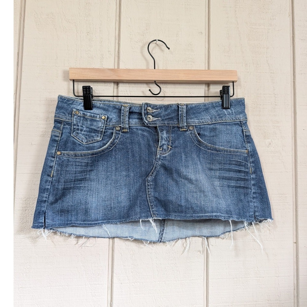 Y2K MNG Jeans Mango Denim Micro Mini‎ Skirt Blue Low Rise Y2K Sleaze McBling 6